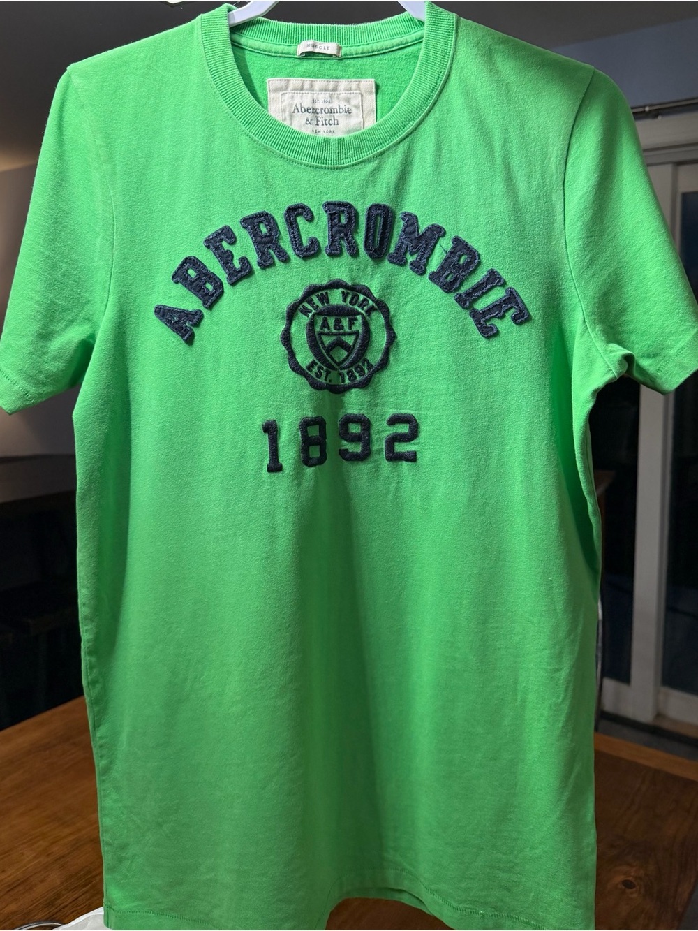 90’s Vintage Abercrombie & Fitch Green Crewneck Tee with Navy Appliqué Men XXL